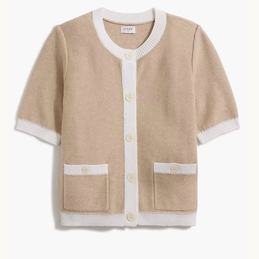 J. Crew Short Sleeve Cardigan Sweater in Light Khaki/White Size XL. NWT